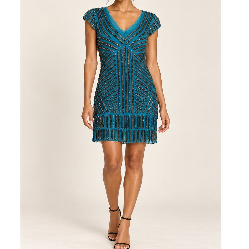 Teal Beaded Mini Dress Alberto Makali S 40 Art Deco Gatsby Tiered Cocktail Party
